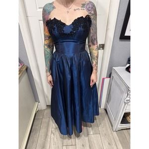 Vintage 1980s Midnight Blue Black Lace Gunne Sax Prom Dress‎ Size 7